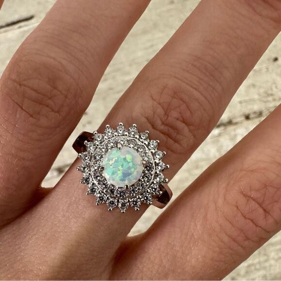 Vintage Opal And Cluster Rhinestone Ring - Picture 1 of 8